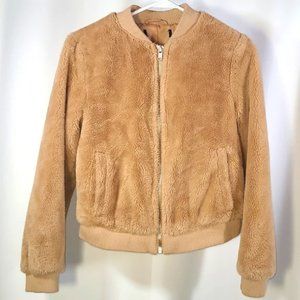 PETITE  Tan Camel Sherpa Teddy Bear Bomber Coat | Size S